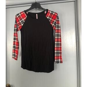 Cool Melon red black plaid Tunic Shirt Women Size Small long sleeves